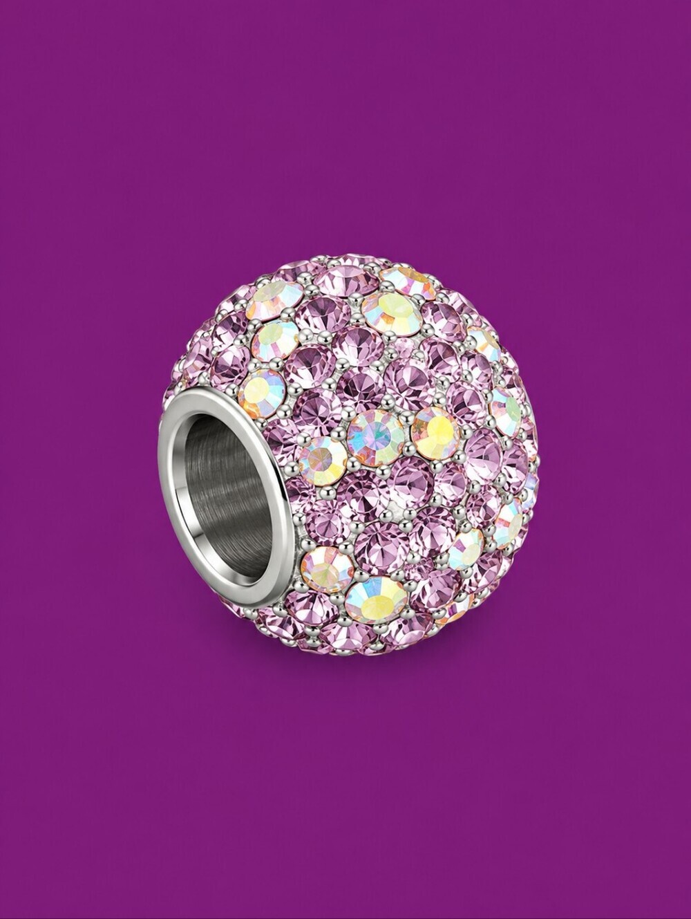 Jcm Stainless Steel Pink Paved Rhinestone Bead Slider Charm